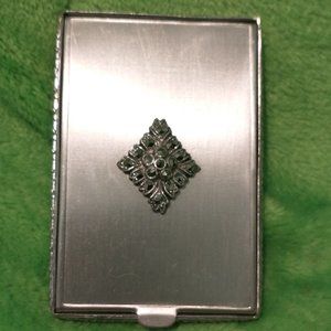 Vintage Foster Combination Powder Rouge Compact Silver tone w/rhinestone Floral